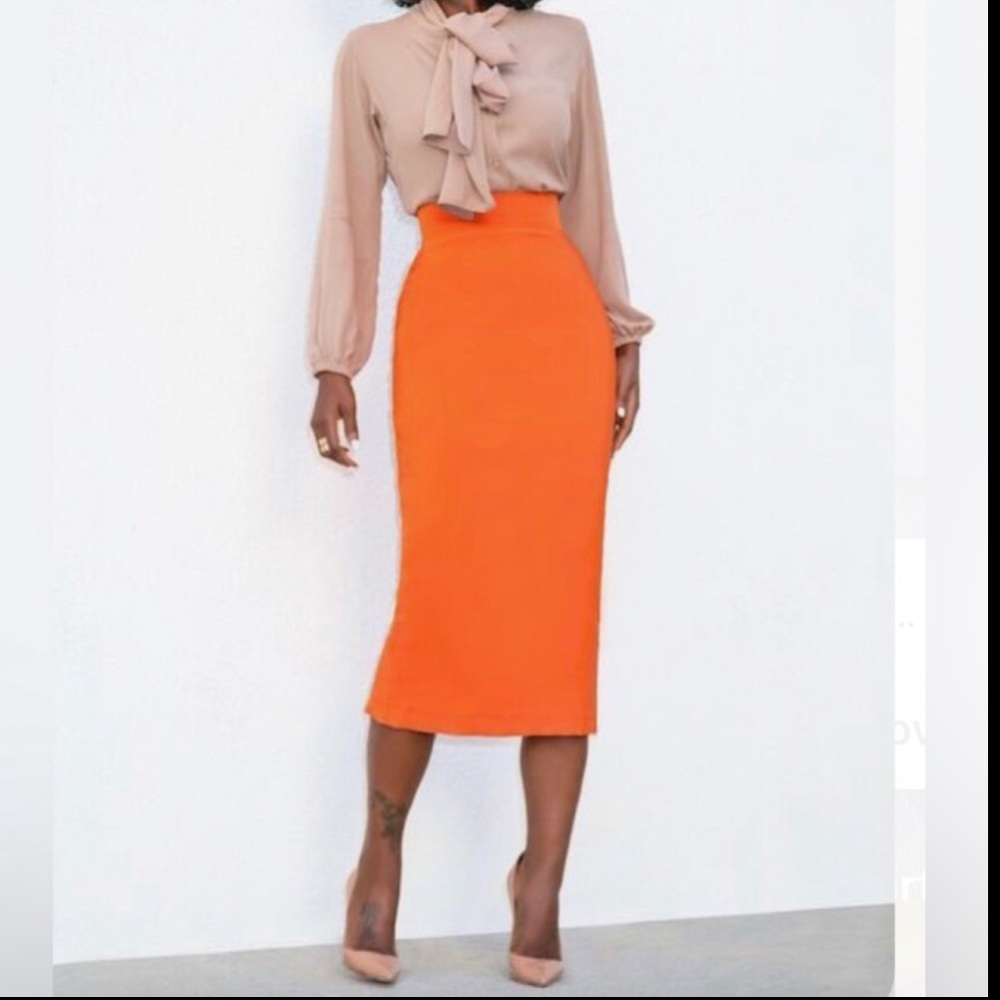 House of CB orange bandage pencil wiggle skirt midi bright bodycon knee michaela